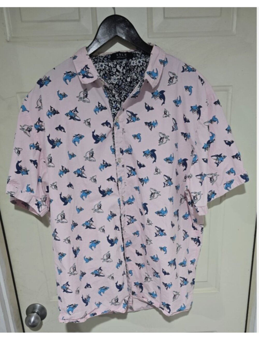 SSLR Shirt Mens 2XL Pink Shark Print Short Sleeve Button Up Cotton Casual